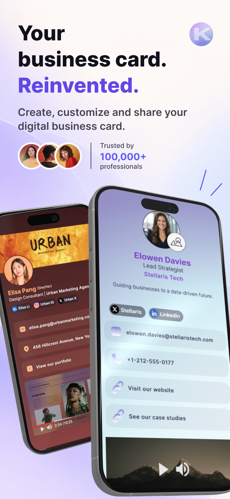 App de Kado con tarjetas de visita digitales en dos móviles