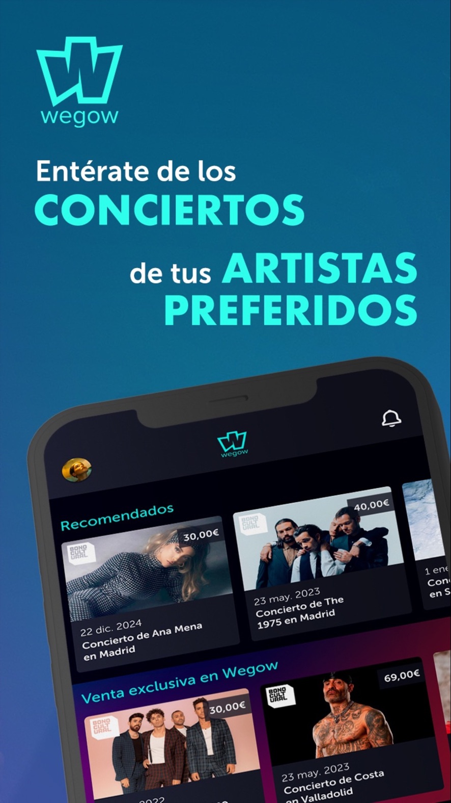 App de Wegow con conciertos recomendados y precios de entradas